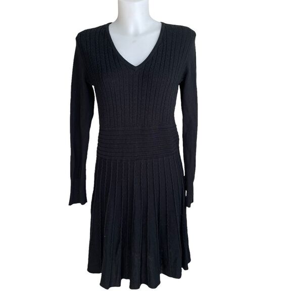 VINCE CAMUTO Black‎ RIBBED Knit Short Fit and Flare Dress Longsleeves size large - Picture 1 of 10